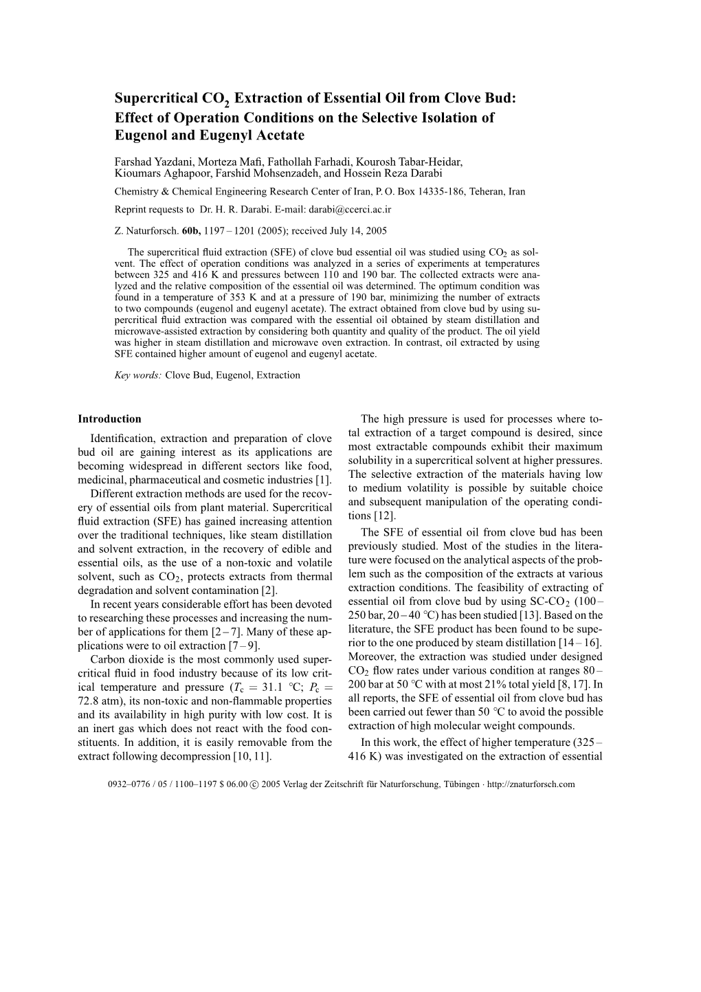 Supercritical CO Extraction of Essential Oil from Clove