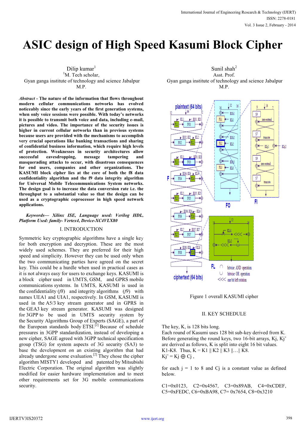 ASIC Design of High Speed Kasumi Block Cipher