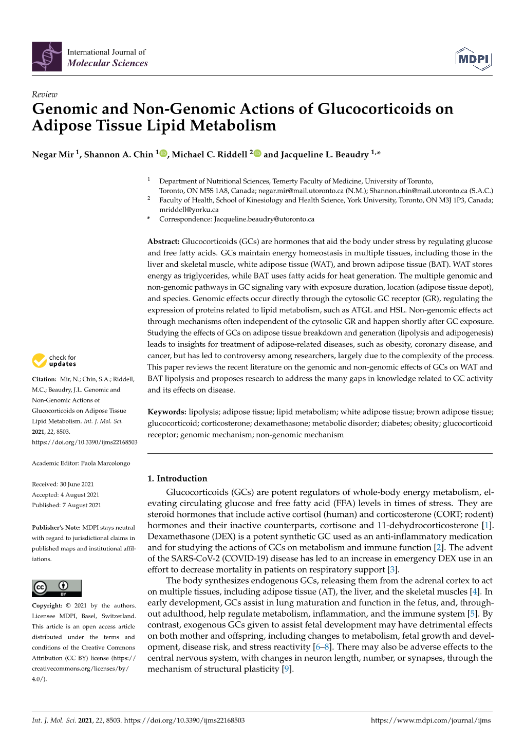 Genomic and Non-Genomic Actions of Glucocorticoids on Adipose Tissue Lipid Metabolism