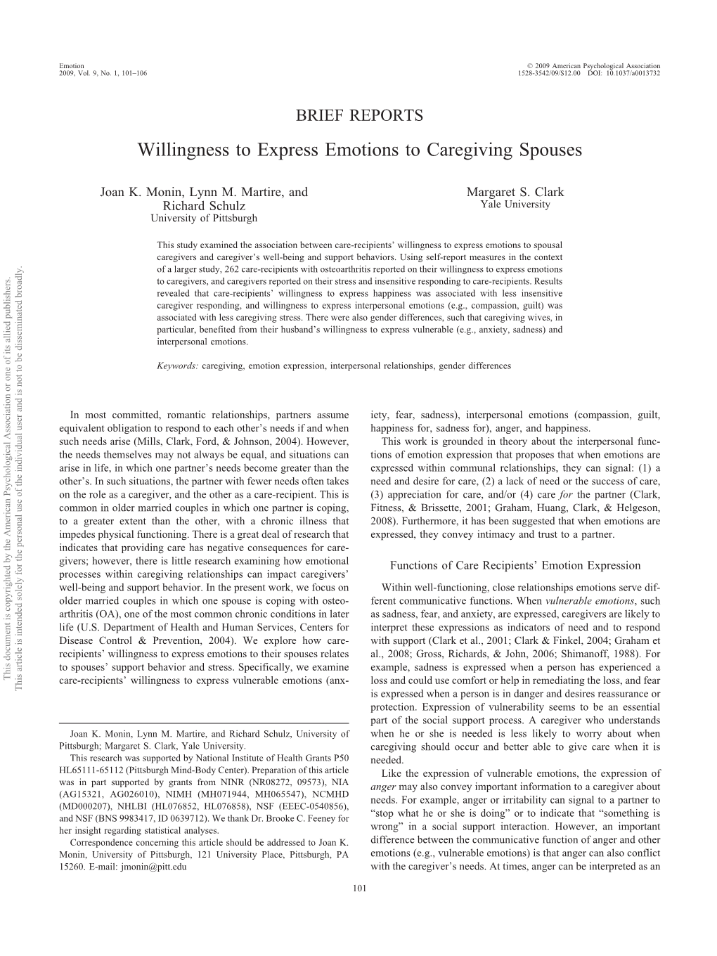 Willingness to Express Emotions to Caregiving Spouses