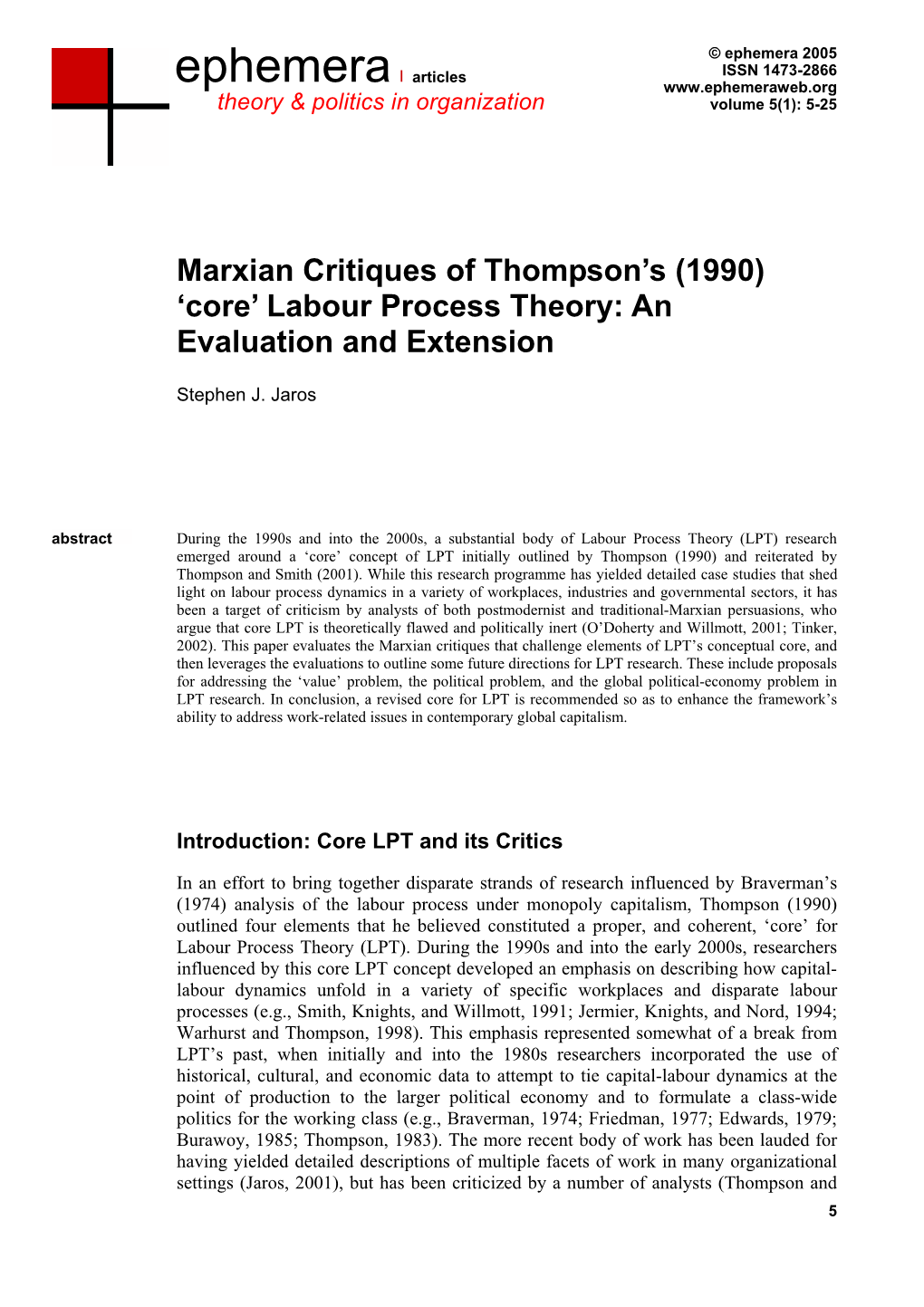 Labour Process Theory: an Evaluation and Extension