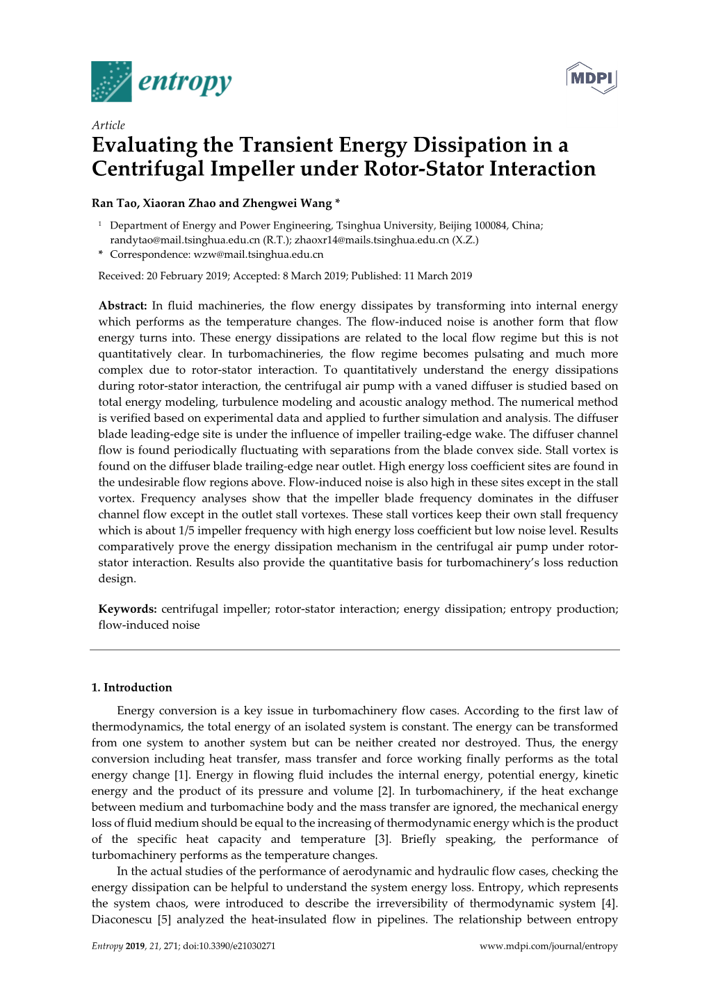 Evaluating the Transient Energy Dissipation in a Centrifugal Impeller Under Rotor-Stator Interaction