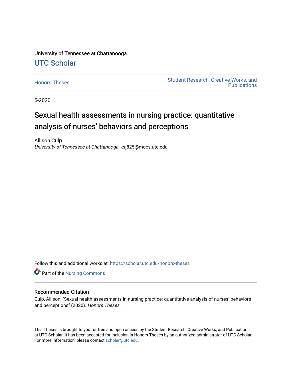 Sexual Health Assessments in Nursing Practice: Quantitative Analysis of Nurses’ Behaviors and Perceptions