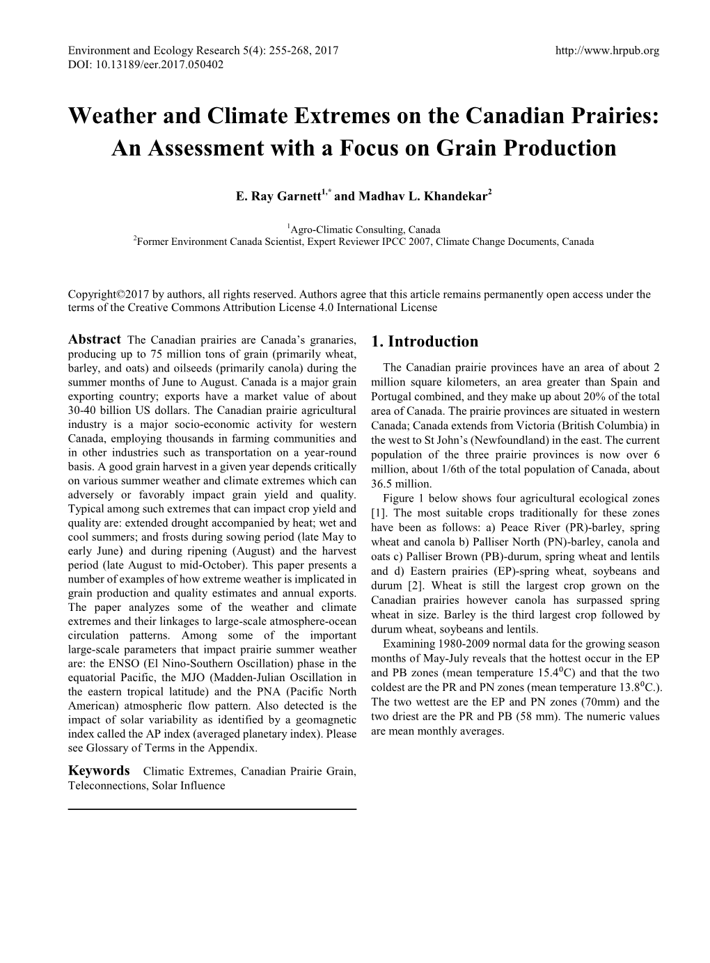 Weather and Climate Extremes on the Canadian Prairies: an Assessment with a Focus on Grain Production