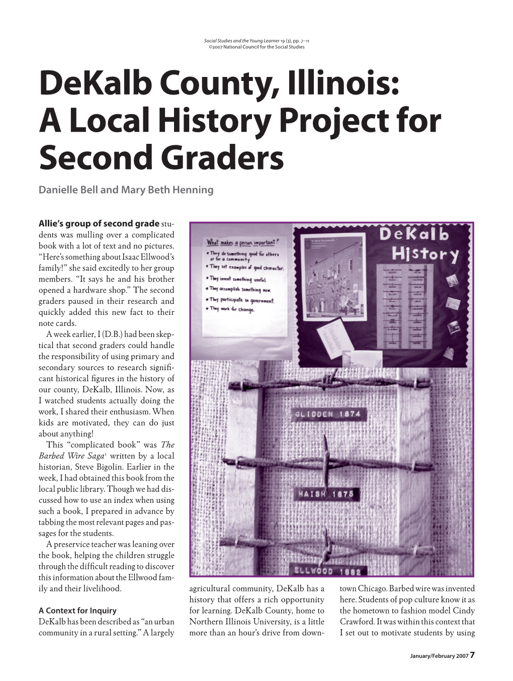 Dekalb County, Illinois: a Local History Project for Second Graders Danielle Bell and Mary Beth Henning