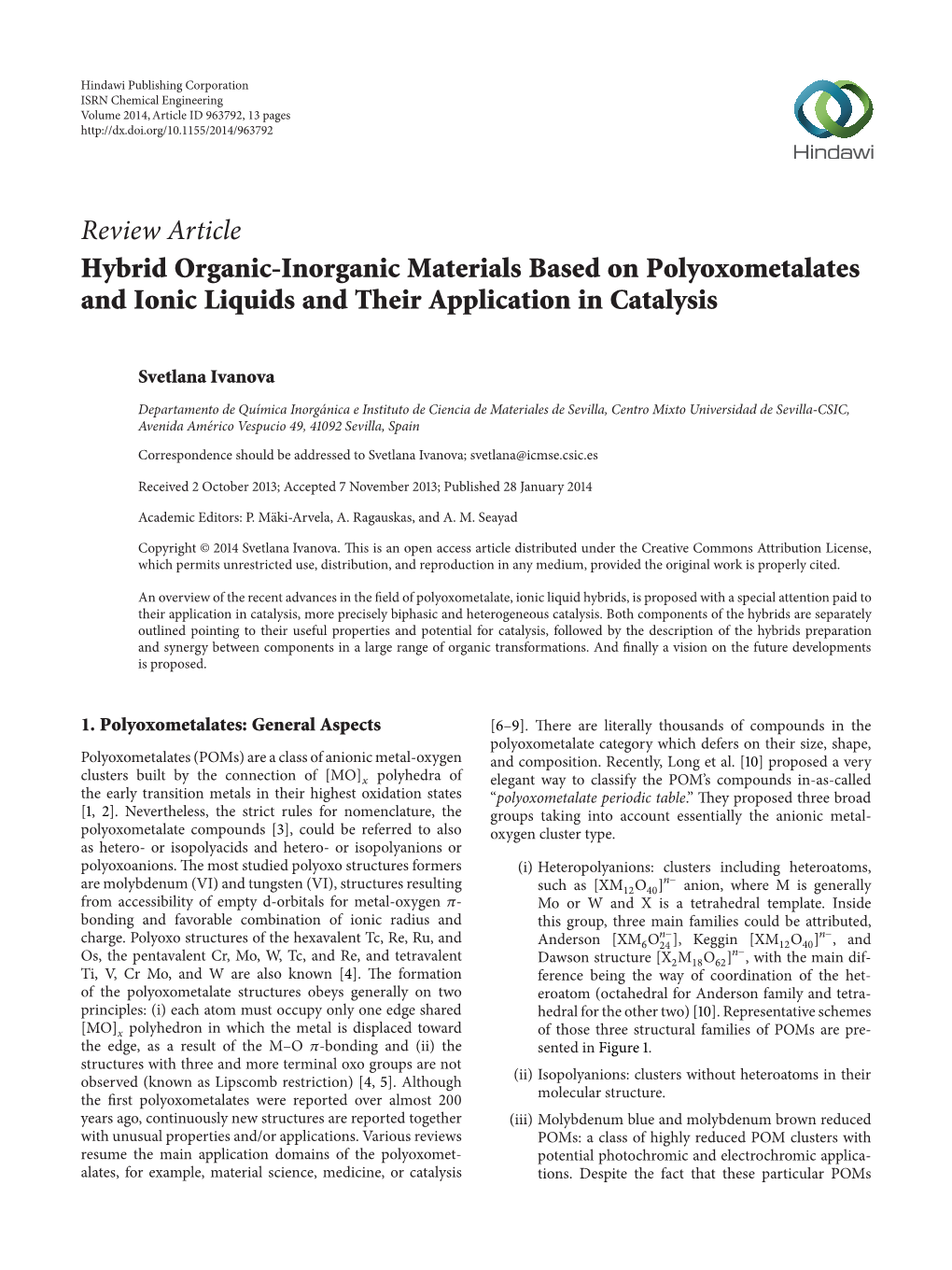 Hybrid Organic-Inorganic Materials Based on Polyoxometalates and Ionic Liquids and Their Application in Catalysis