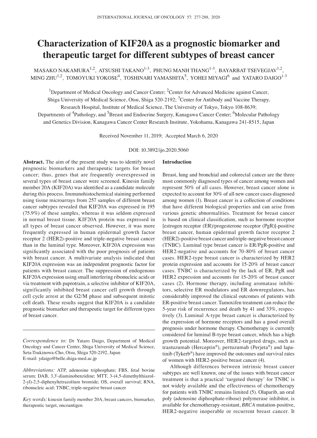 Characterization of KIF20A As a Prognostic Biomarker and Therapeutic Target for Different Subtypes of Breast Cancer