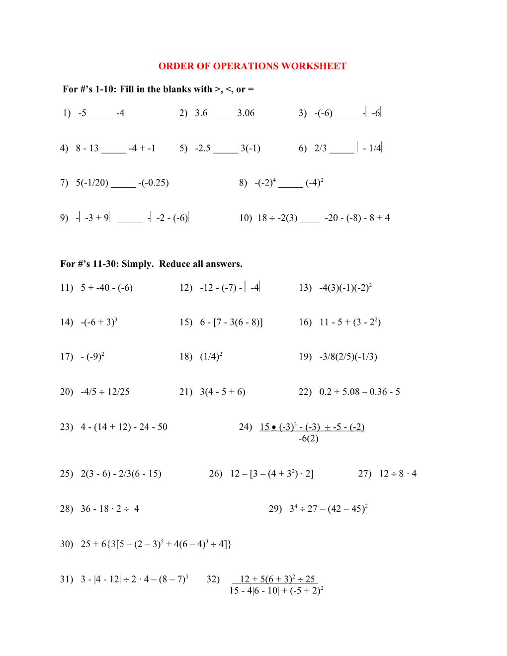 Order of Operations Worksheet