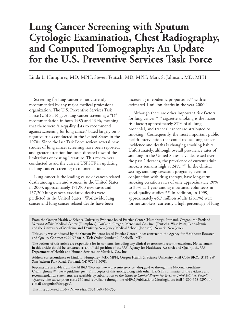 Lung Cancer Screening with Sputum Cytologic Examination, Chest Radiography, and Computed Tomography: an Update for the U.S