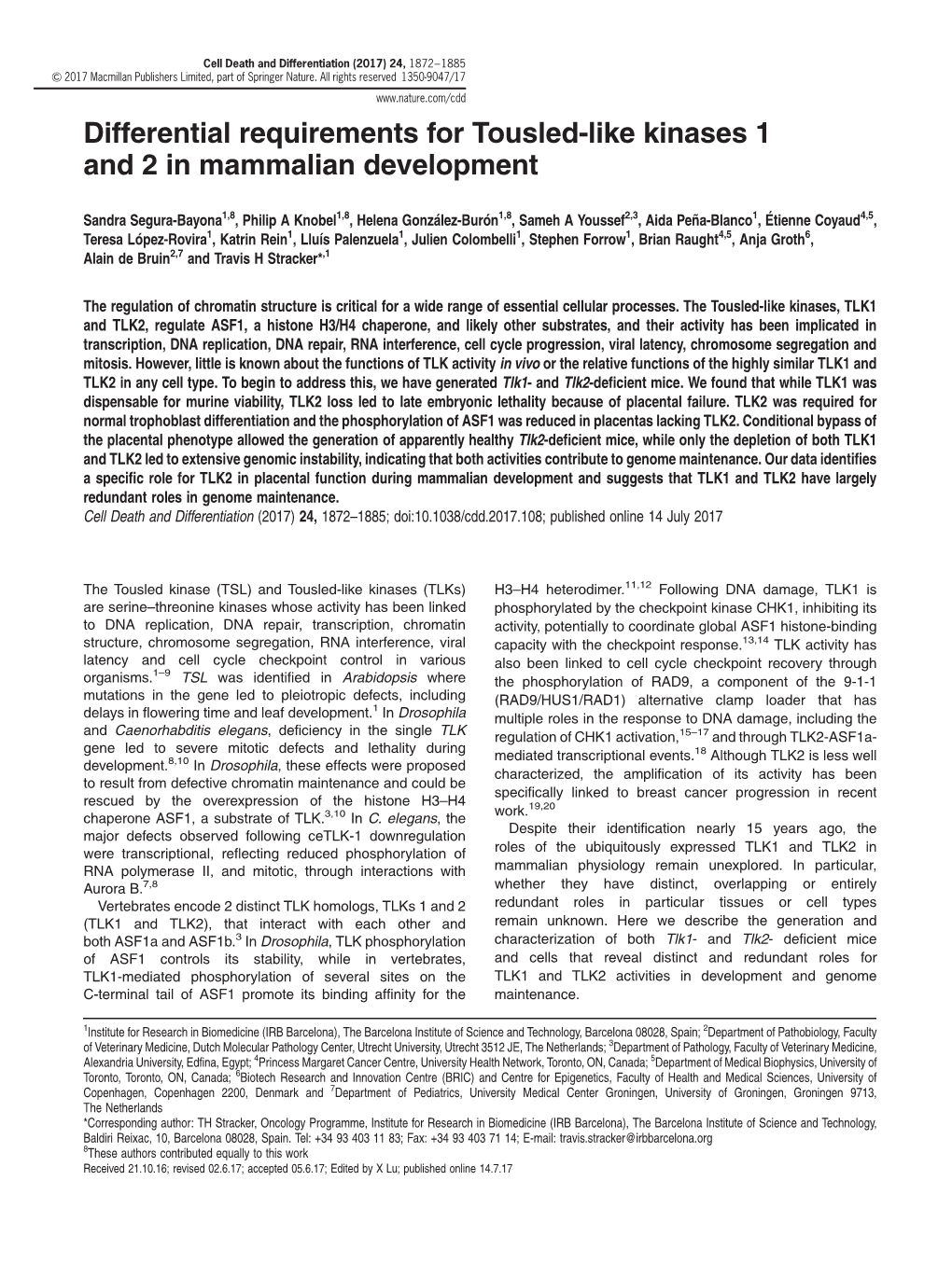 Differential Requirements for Tousled-Like Kinases 1 and 2 in Mammalian Development