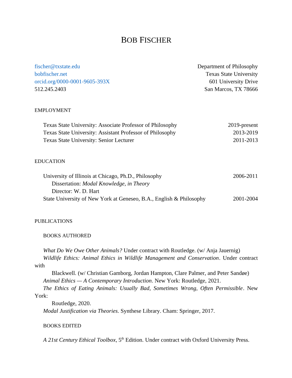 Bob Fischer's CV