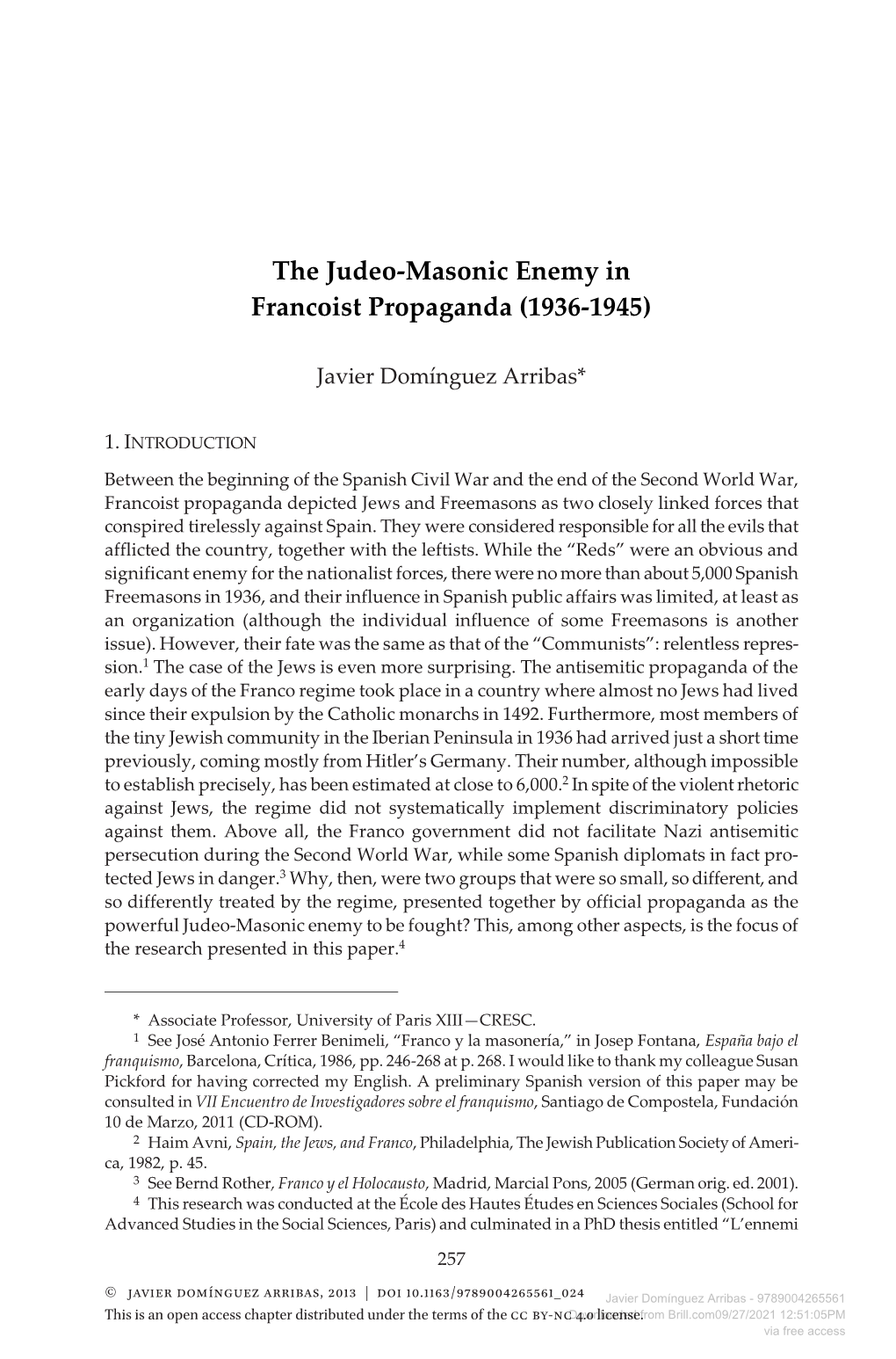 The Judeo-Masonic Enemy in Francoist Propaganda (1936-1945)