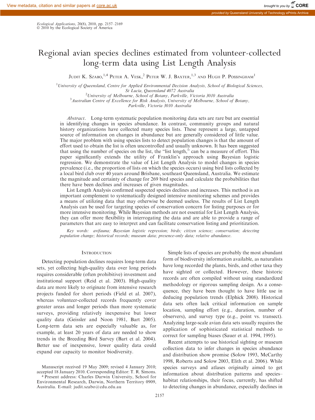 Regional Avian Species Declines Estimated from Volunteer-Collected Long-Term Data Using List Length Analysis