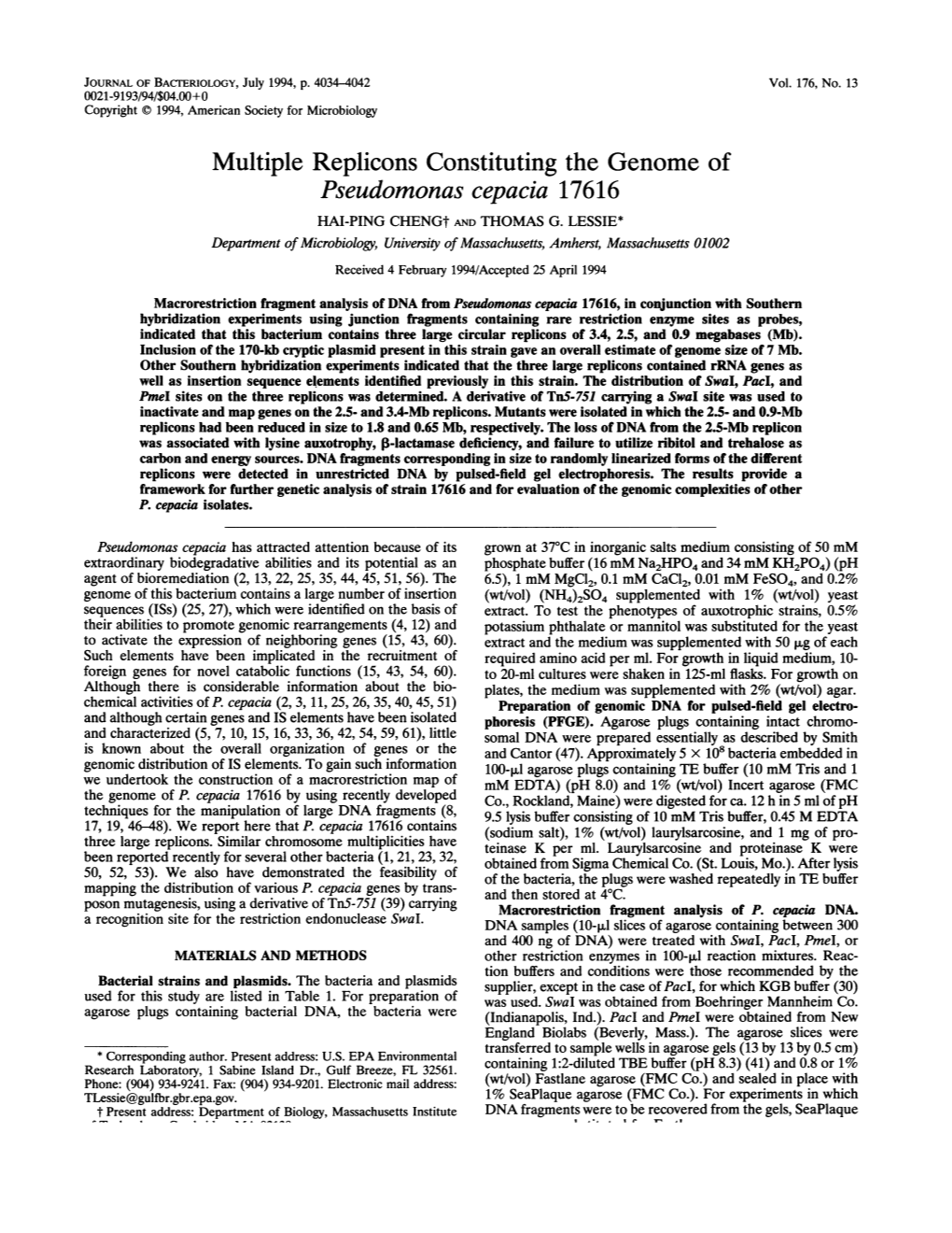 Multiple Replicons Constituting the Genome of Pseudomonas Cepacia 17616 HAI-PING Chengt and THOMAS G