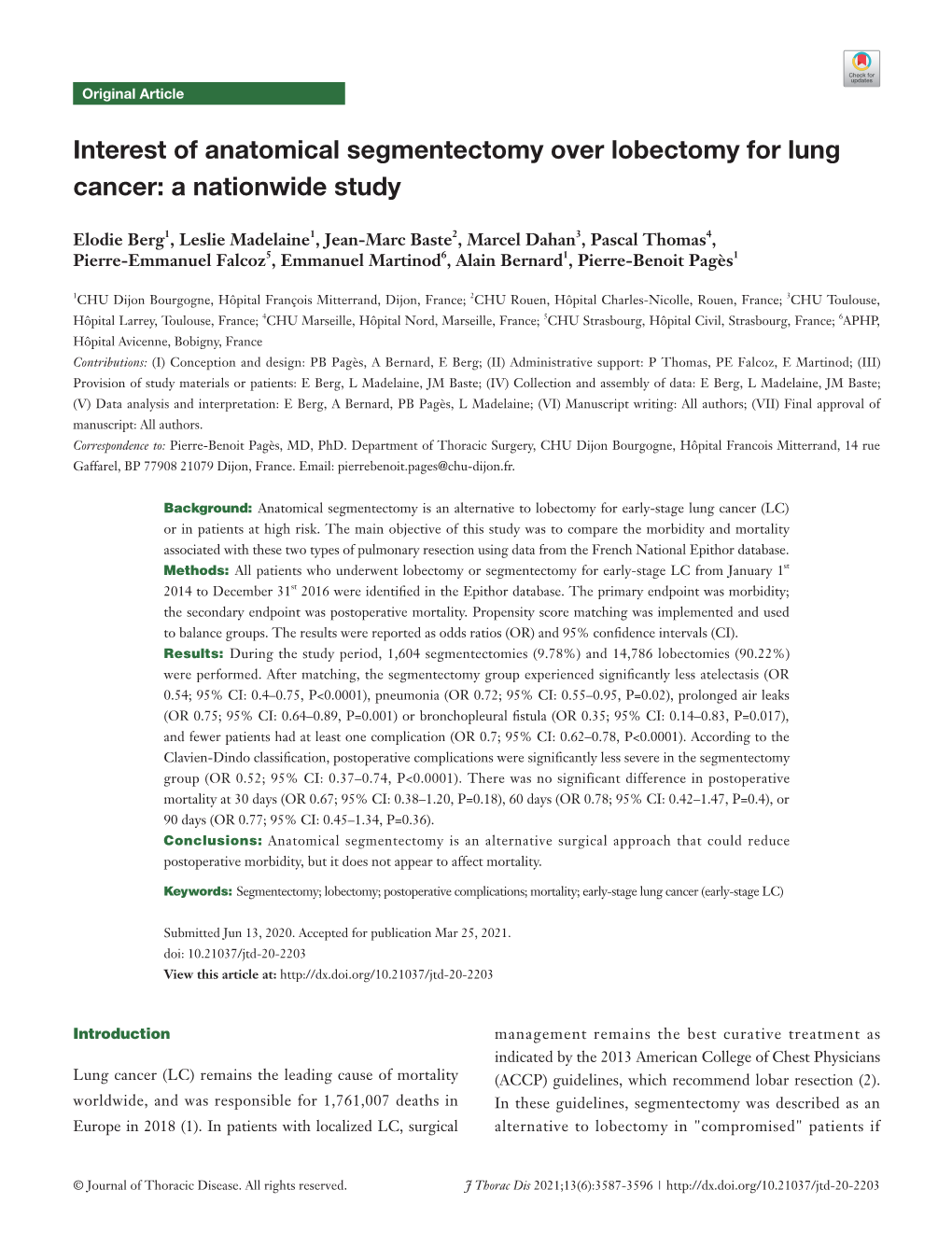 Interest of Anatomical Segmentectomy Over Lobectomy for Lung Cancer: a Nationwide Study