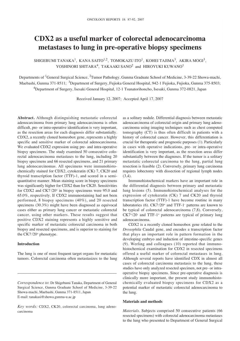 CDX2 As a Useful Marker of Colorectal Adenocarcinoma Metastases to Lung in Pre-Operative Biopsy Specimens