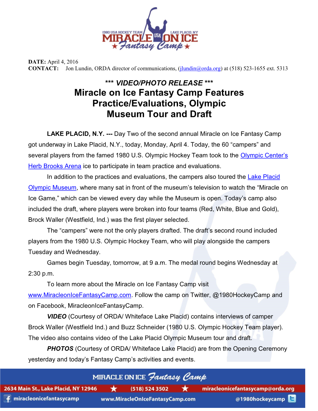 Miracle on Ice Fantasy Camp Features Practice/Evaluations, Olympic Museum Tour and Draft