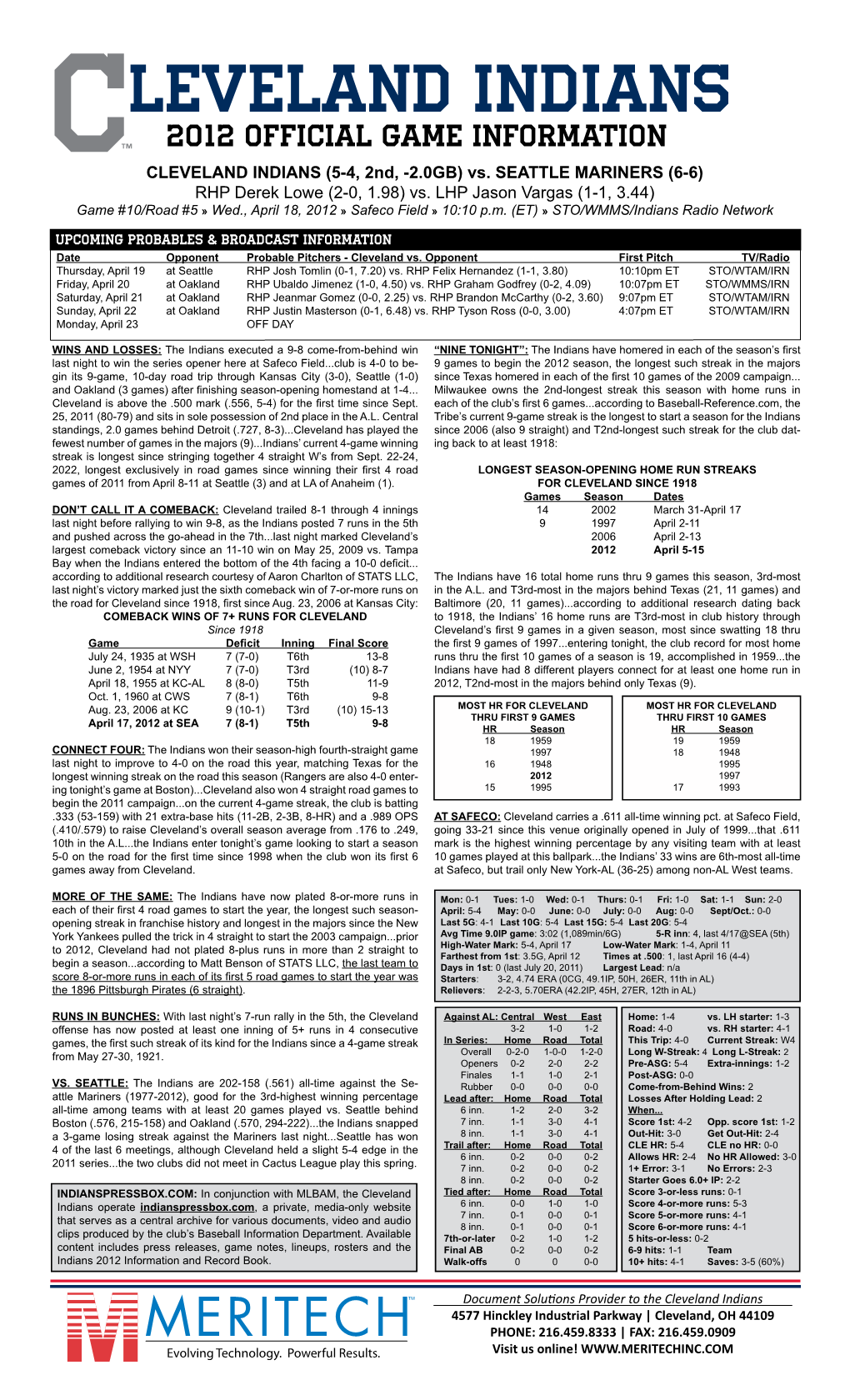 INDIANS GAME NOTES Wednesday, APRIL 18, 2012