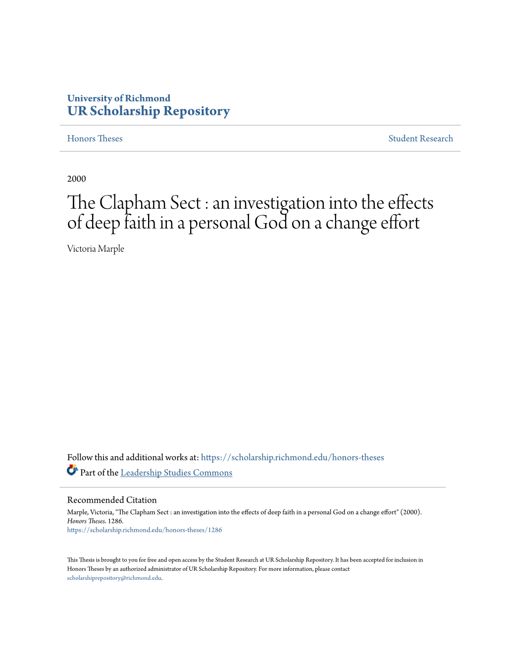 The Clapham Sect : an Investigation Into the Effects of Deep Faith in a Personal God on a Change Effort