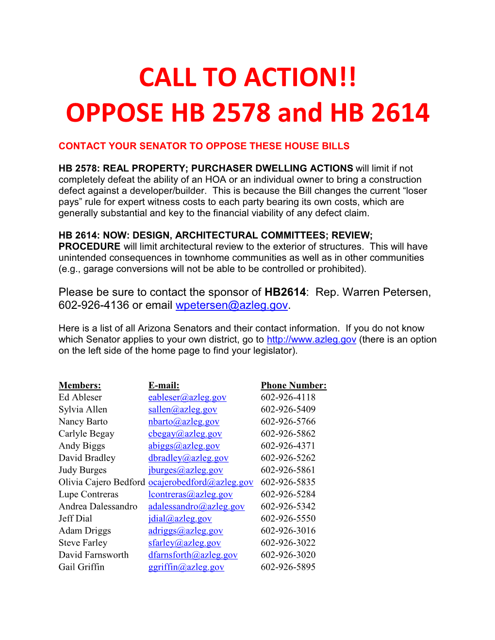 OPPOSE HB 2578 and HB 2614