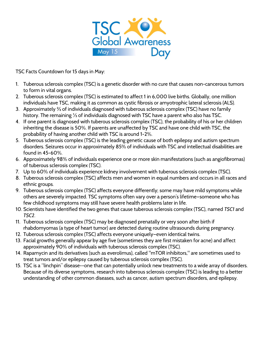 TSC Facts Countdown for 15 Days in May: 1. Tuberous Sclerosis Complex