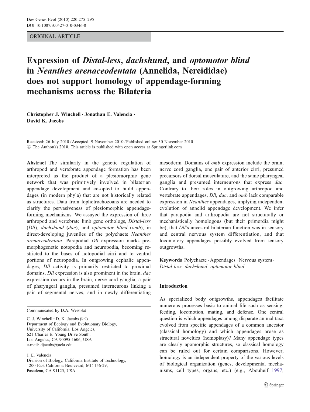 Expression of Distal-Less, Dachshund, and Optomotor Blind in Neanthes Arenaceodentata