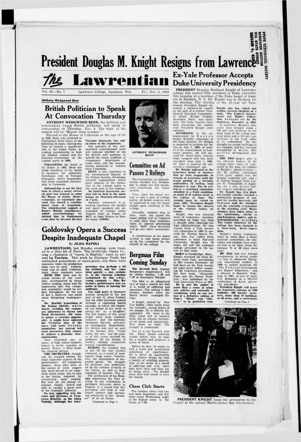 President Douglas M. Knight Resigns from Lawrenci1 Ex-Yale Professor Accepts Duke University Presidency 7 Lawrentfanpresident Douglas Maitland Knight of Lawrence Voi