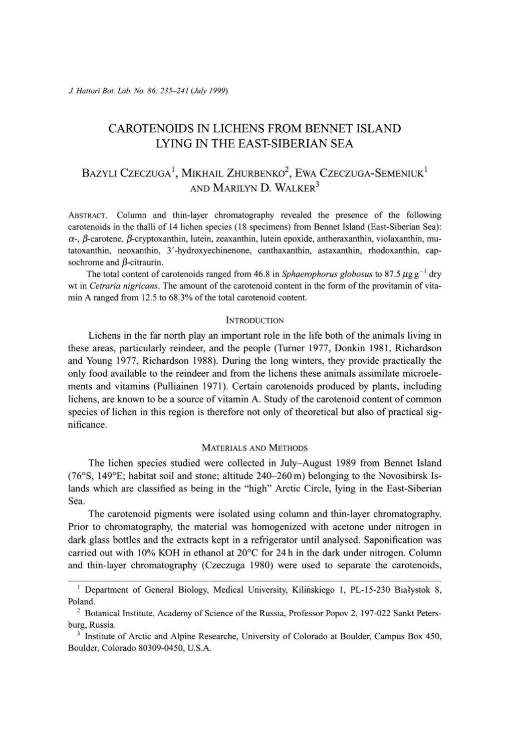 Carotenoids in Lichens from Bennet Island Lying in the East-Siberian Sea