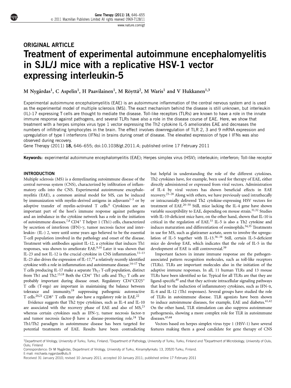 Treatment of Experimental Autoimmune Encephalomyelitis in SJL/J Mice with a Replicative HSV-1 Vector Expressing Interleukin-5