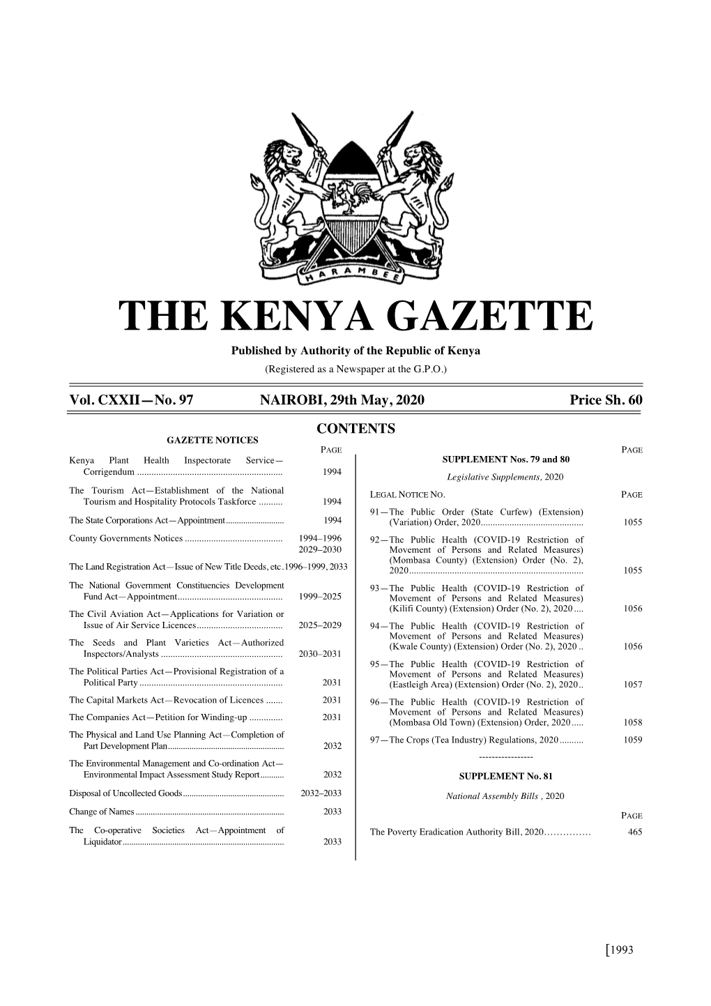 THE KENYA GAZETTE Published by Authority of the Republic of Kenya (Registered As a Newspaper at the G.P.O.)