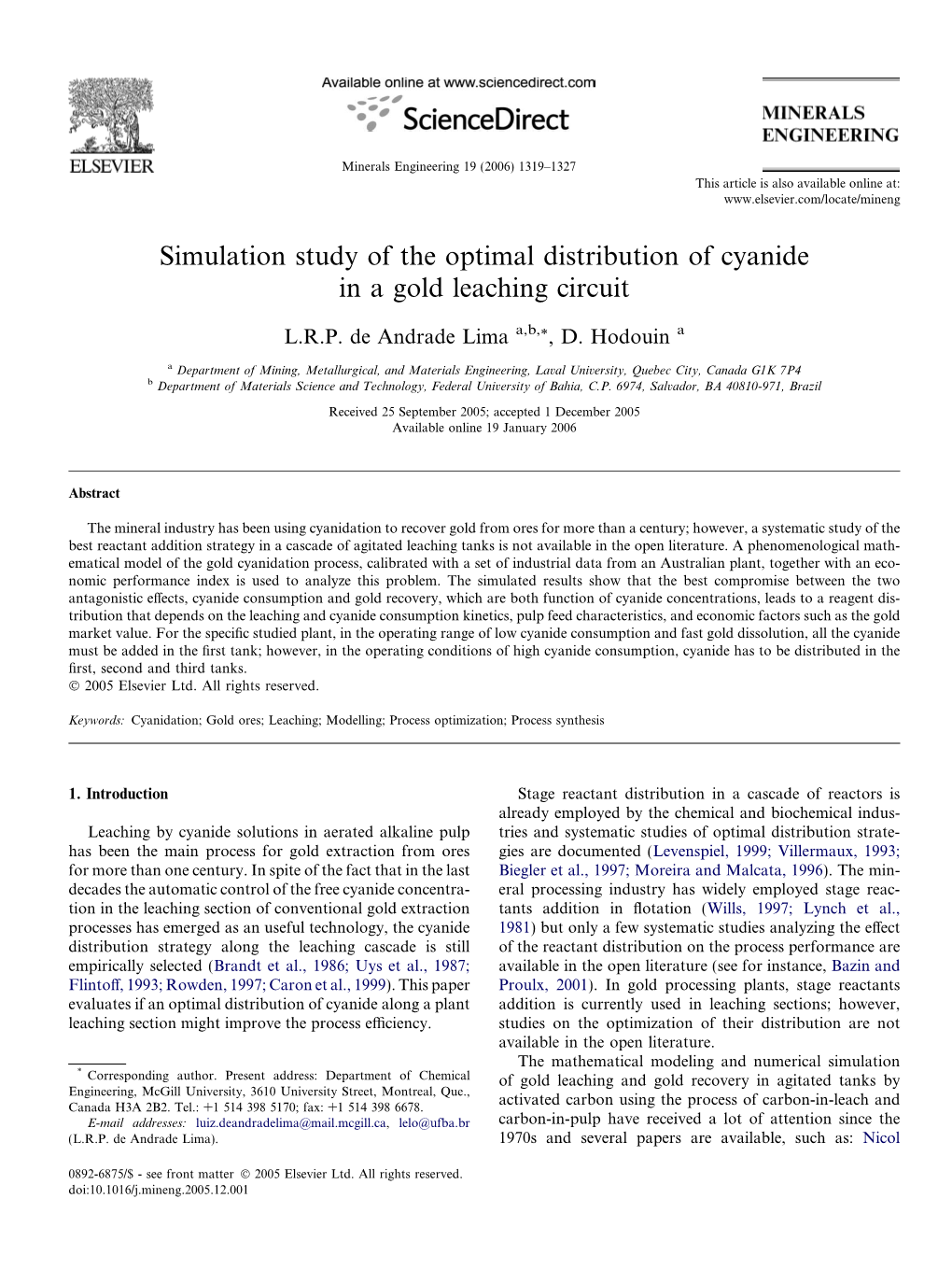 Simulation Study of the Optimal Distribution of Cyanide in a Gold Leaching Circuit