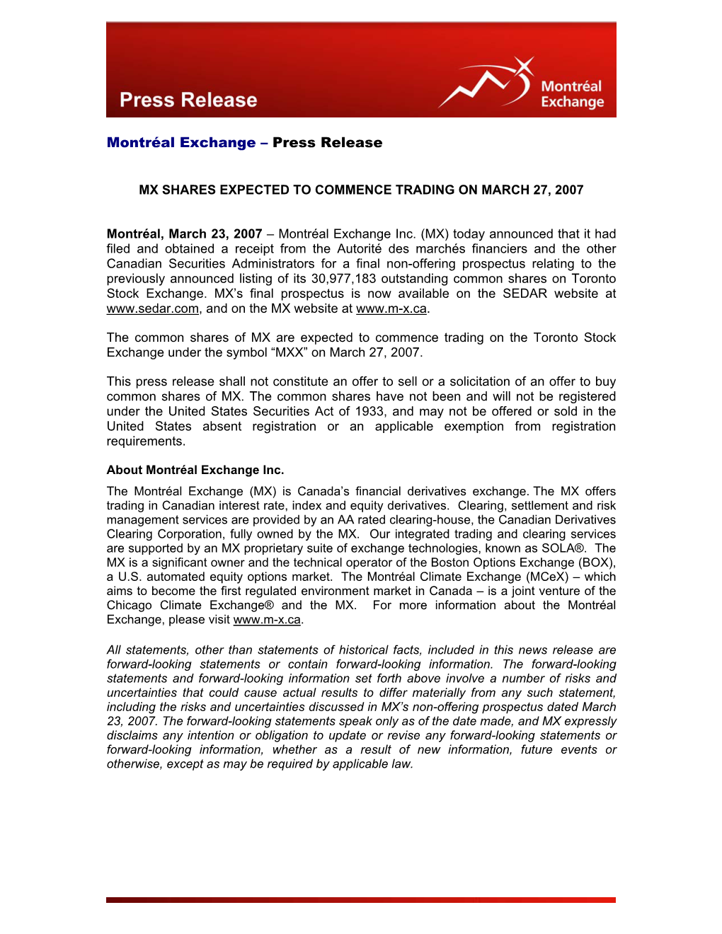 Montréal Exchange – Press Release