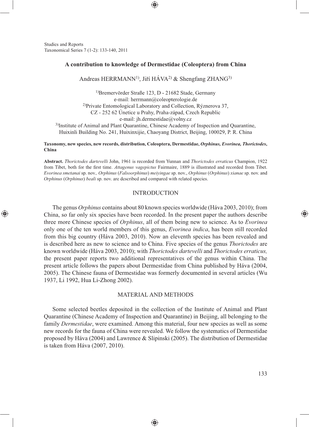 A Contribution to Knowledge of Dermestidae (Coleoptera) from China