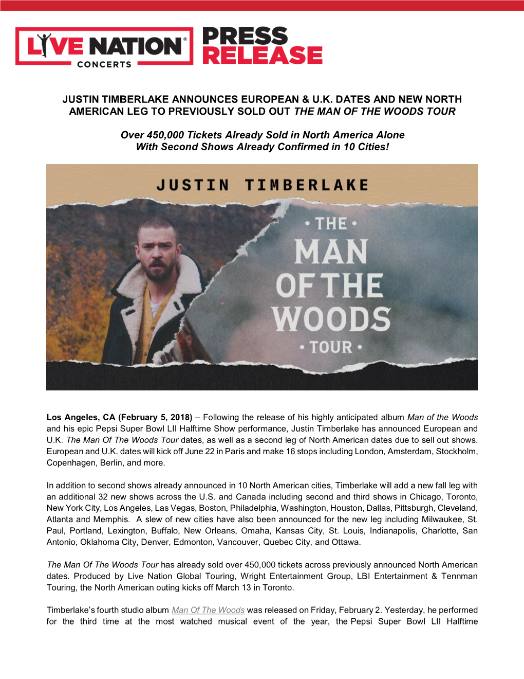 Justin Timberlake Announces European & Uk Dates And