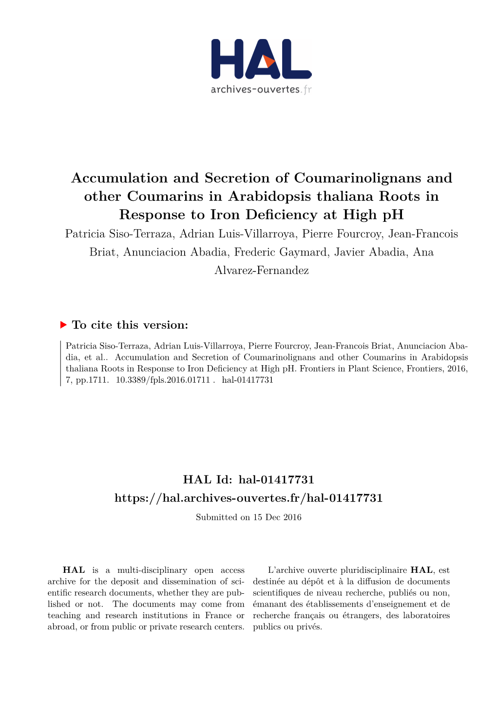 Accumulation and Secretion of Coumarinolignans and Other Coumarins in Arabidopsis Thaliana Roots in Response to Iron Deficiency