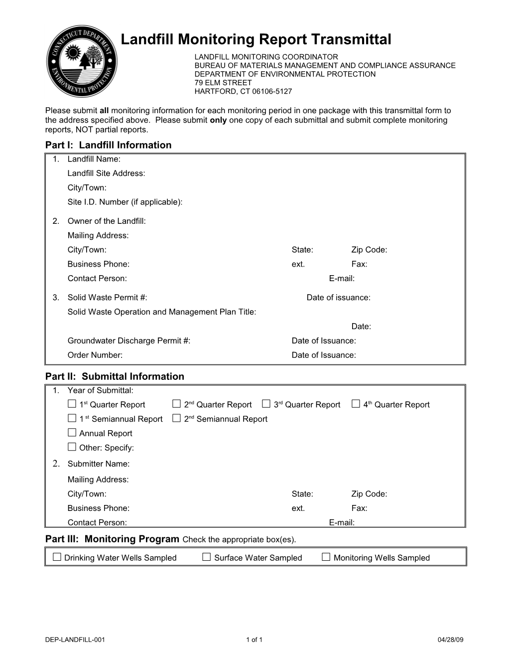 Landfill Monitoring Report Transmittal