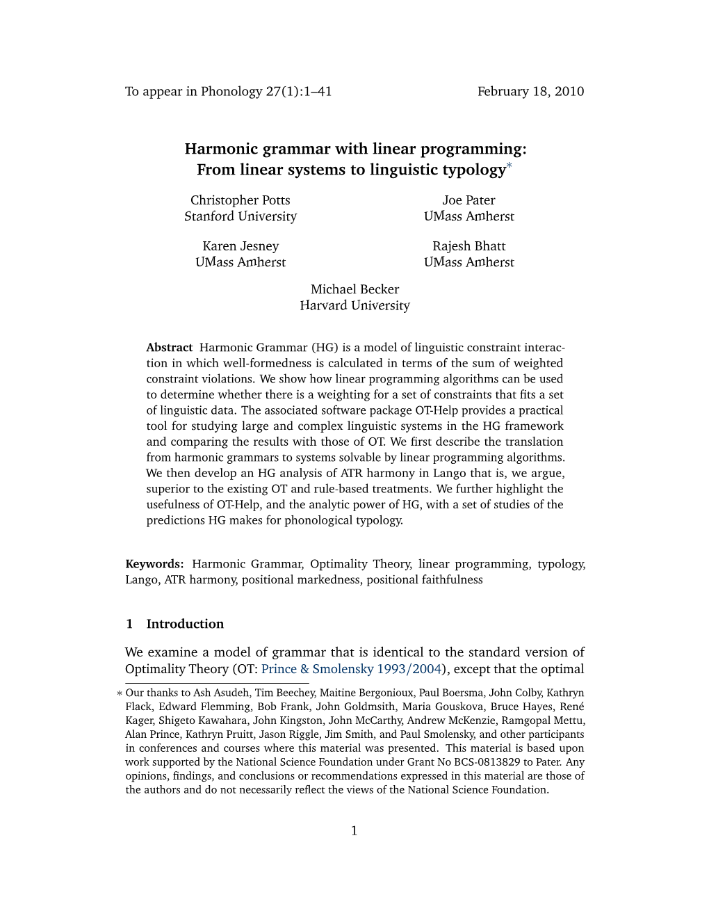 Harmonic Grammar with Linear Programming