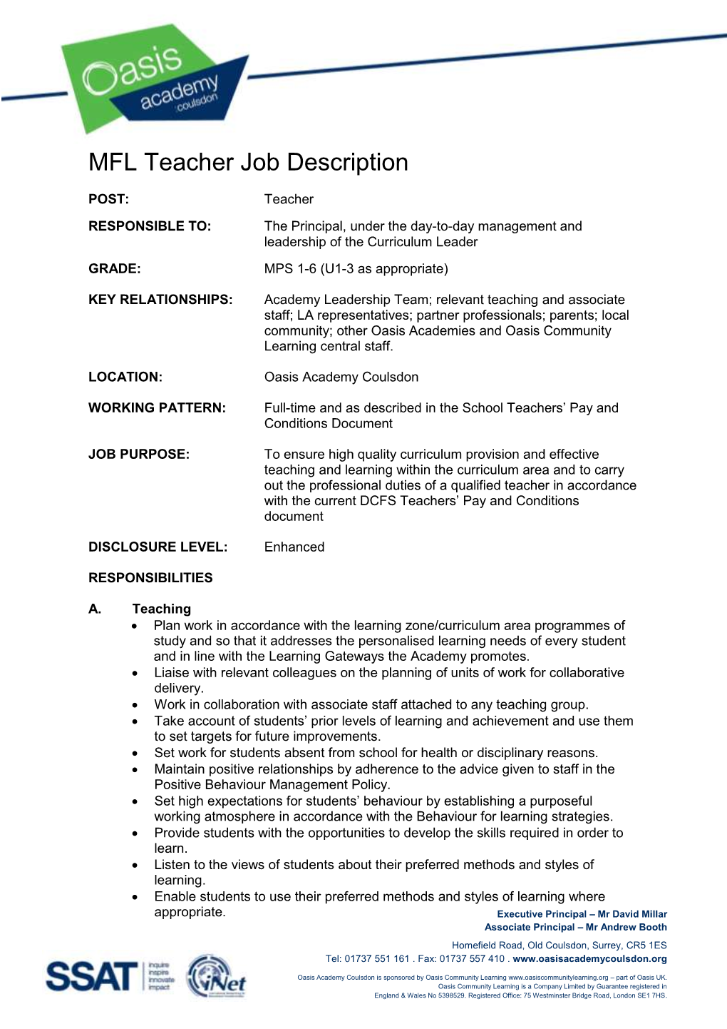 MFL Teacher Job Description