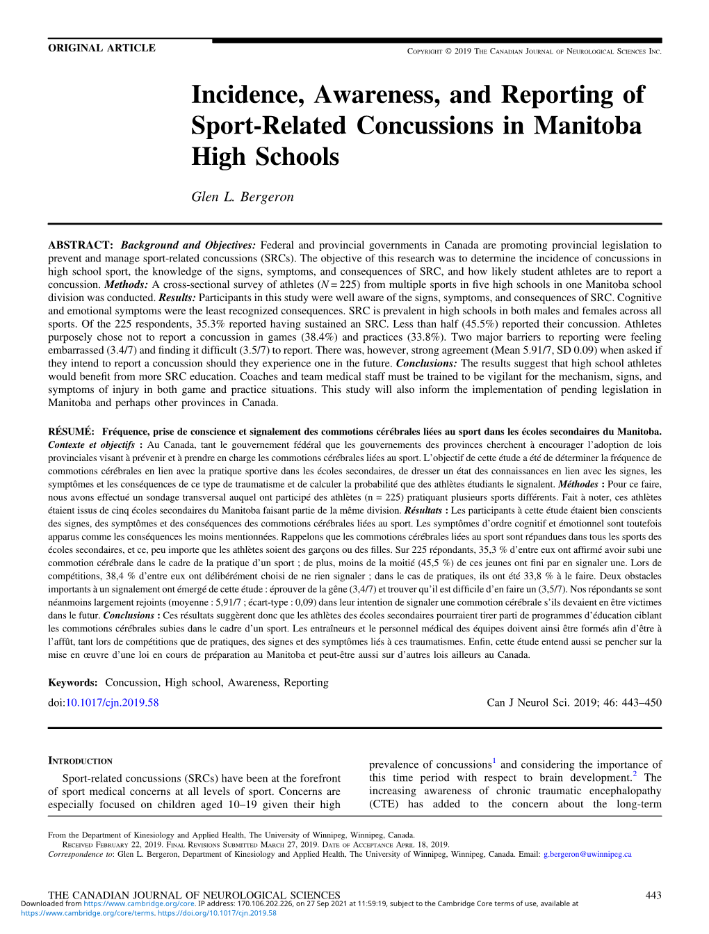 Incidence, Awareness, and Reporting of Sport-Related Concussions in Manitoba High Schools