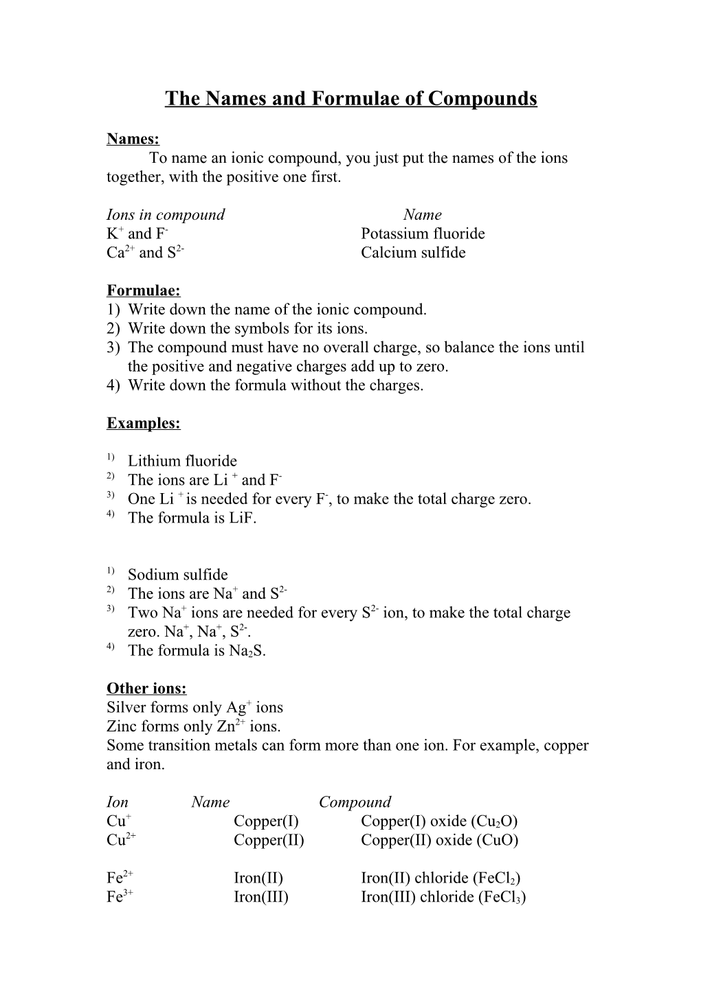 The Names and Formulae of Compounds