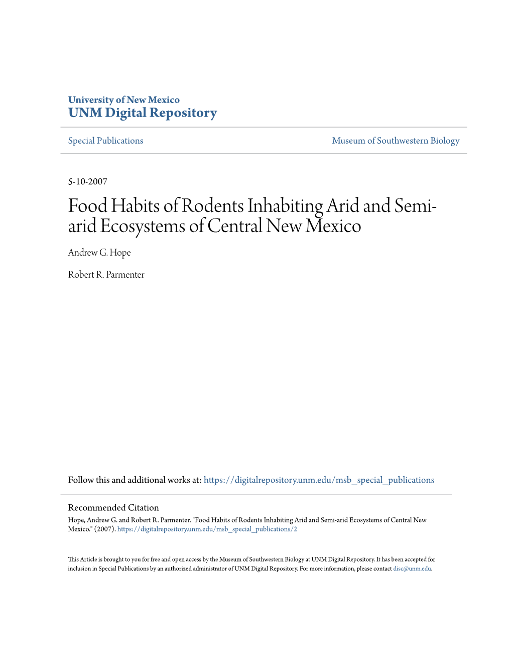 Food Habits of Rodents Inhabiting Arid and Semi-Arid Ecosystems of Central New Mexico.