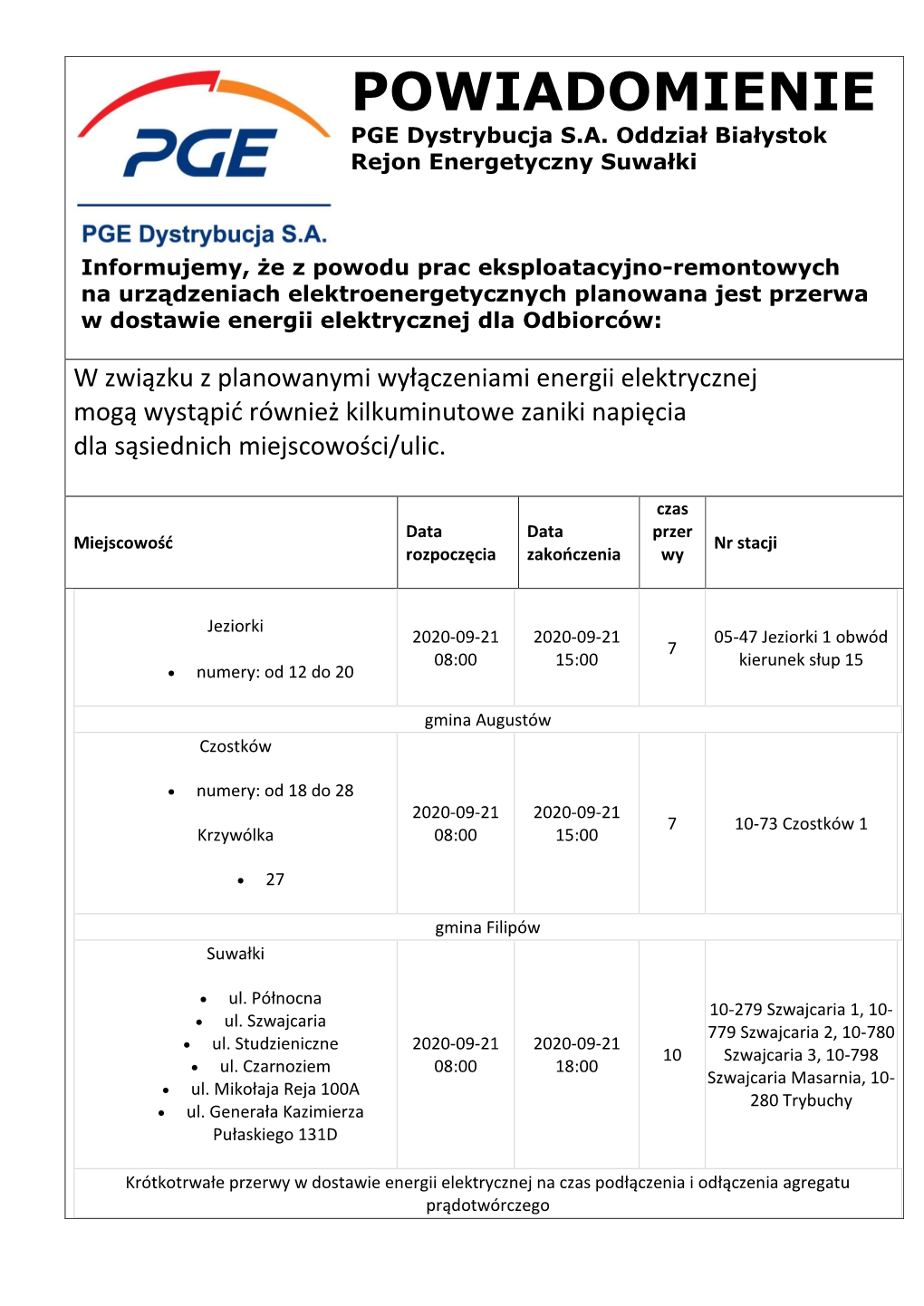 POWIADOMIENIE PGE Dystrybucja S.A