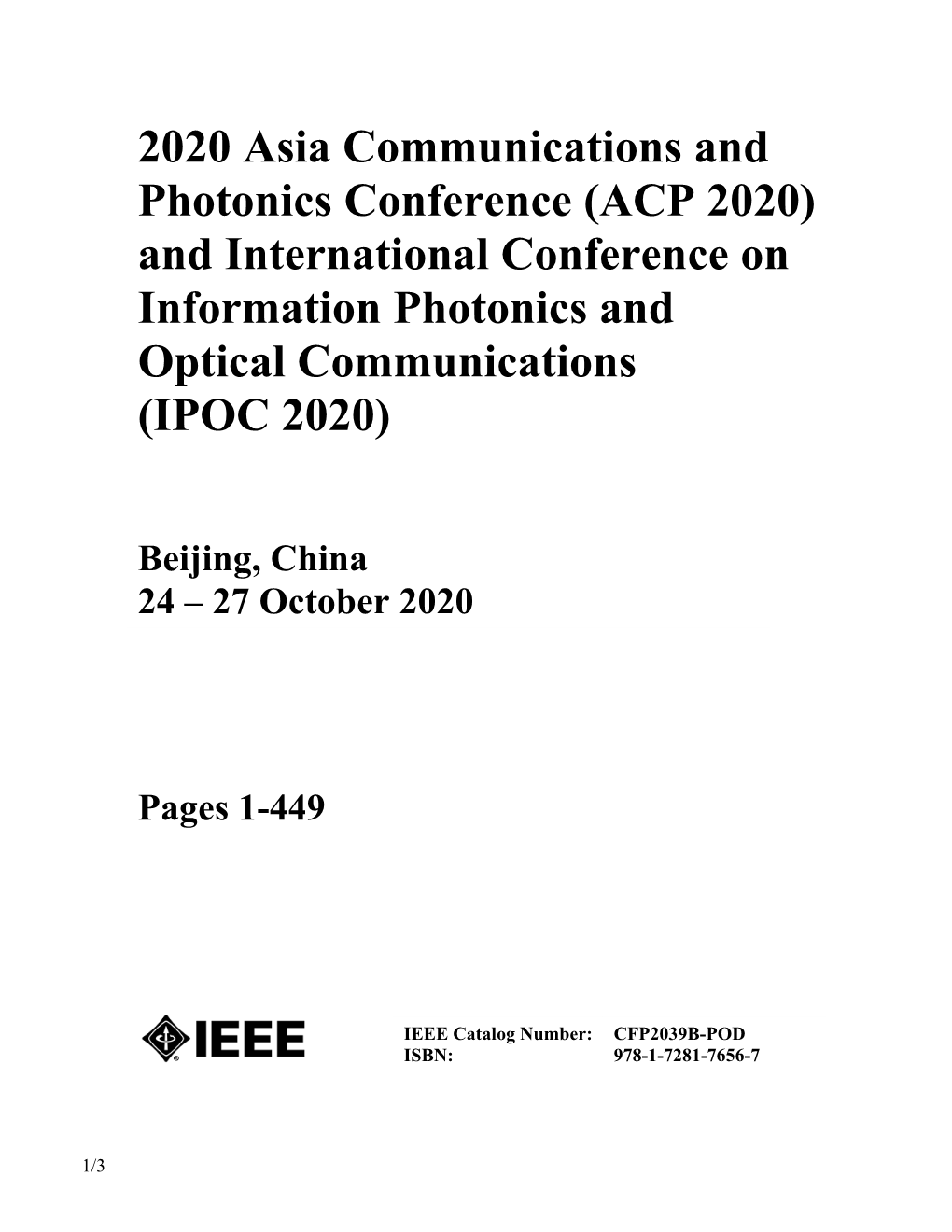 2020 Asia Communications and Photonics Conference (ACP 2020) and International Conference on Information Photonics and Optical Communications