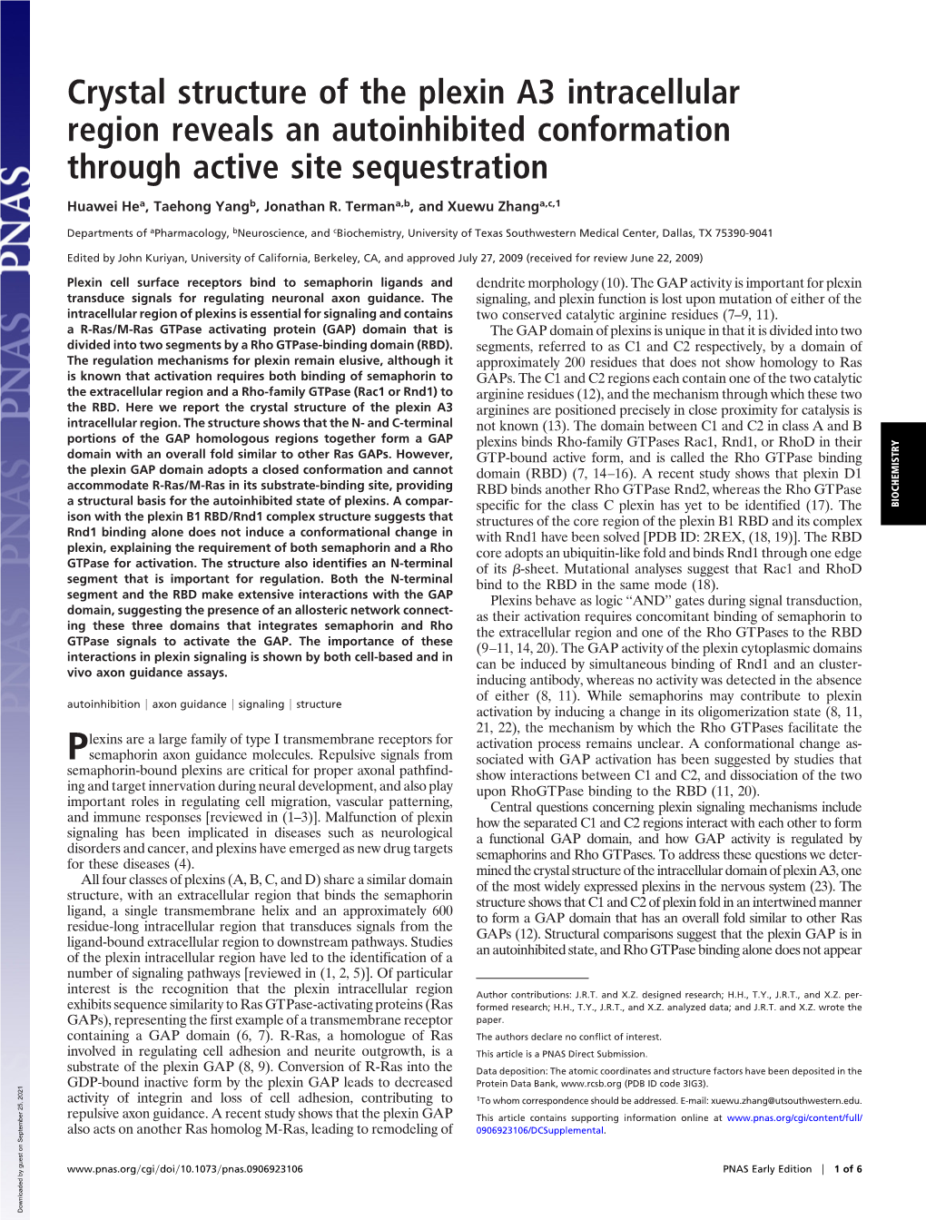 Crystal Structure of the Plexin A3 Intracellular Region Reveals an Autoinhibited Conformation Through Active Site Sequestration