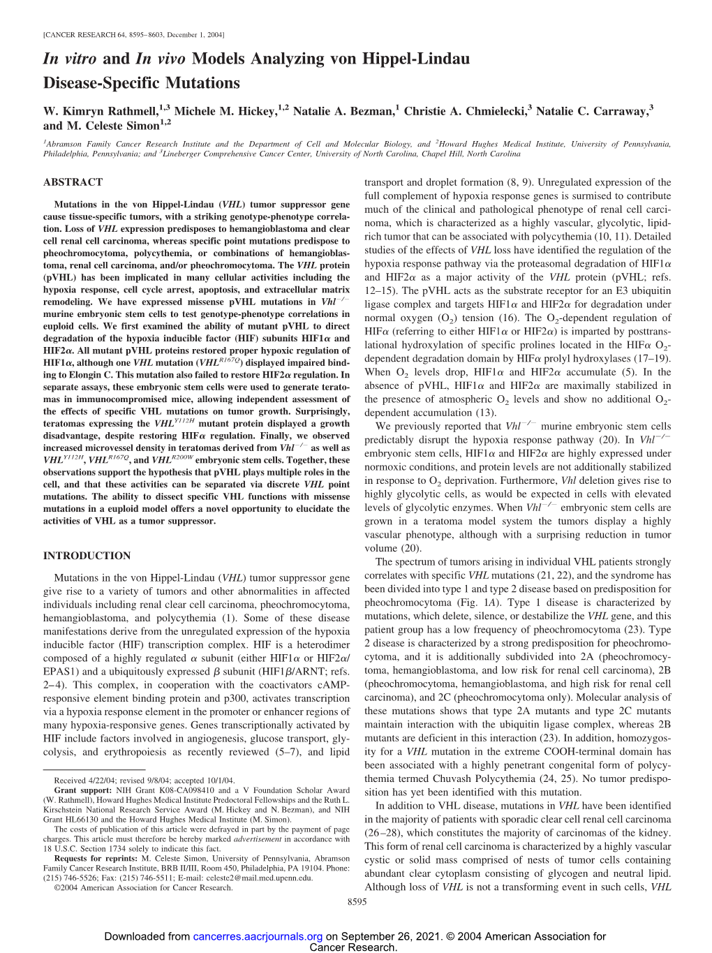 In Vitro and in Vivo Models Analyzing Von Hippel-Lindau Disease-Specific Mutations