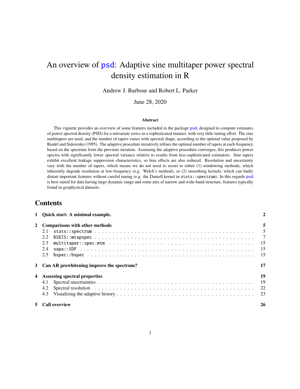 An Overview of Psd: Adaptive Sine Multitaper Power Spectral Density Estimation in R