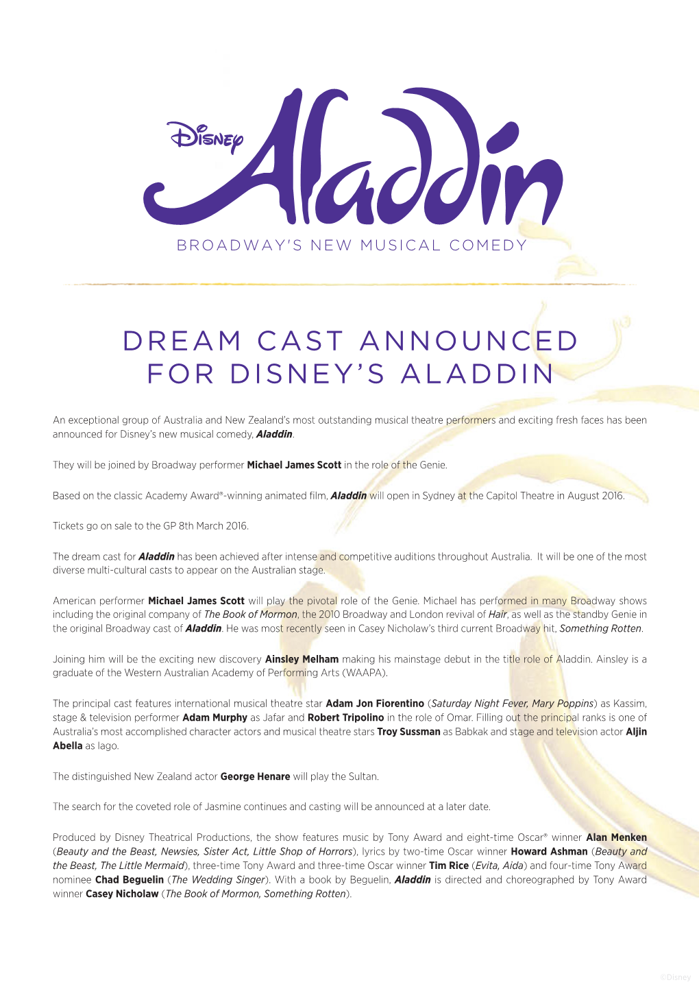 Dream Cast Announced for Disney's Aladdin