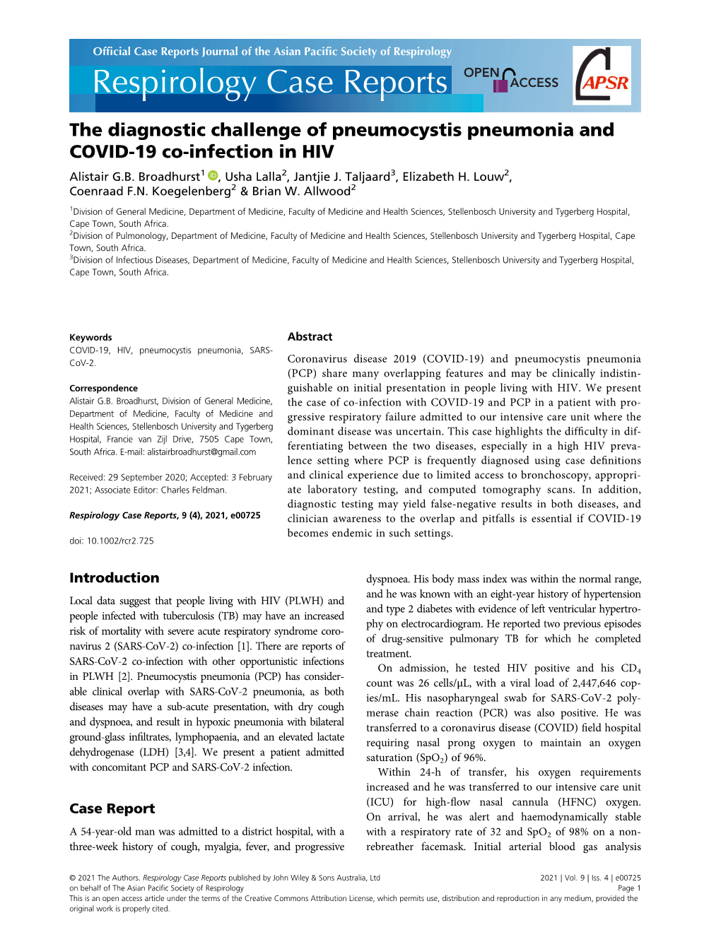 The Diagnostic Challenge of Pneumocystis Pneumonia and COVID-19 Co-Infection in HIV Alistair G.B