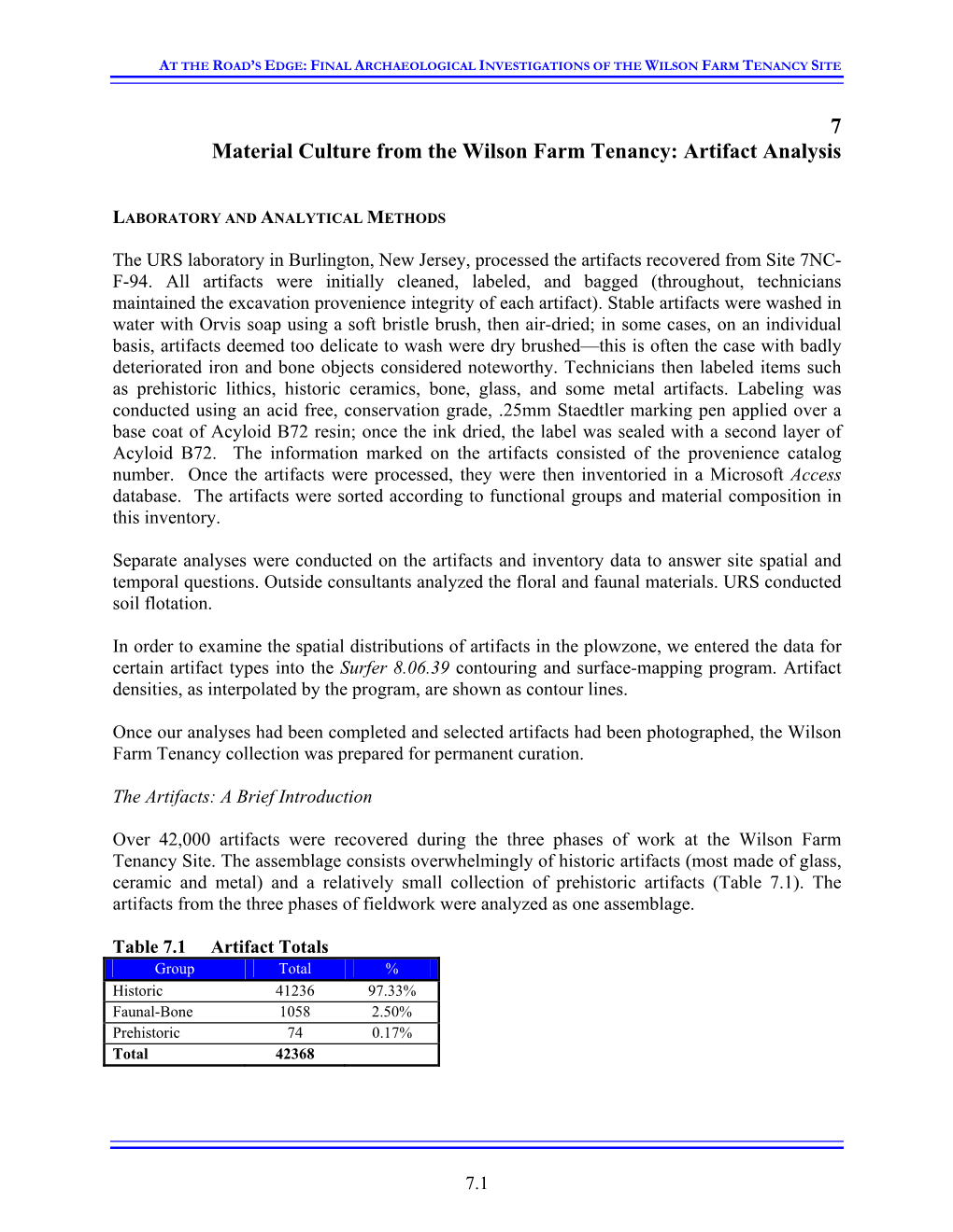 Material Culture from the Wilson Farm Tenancy: Artifact Analysis