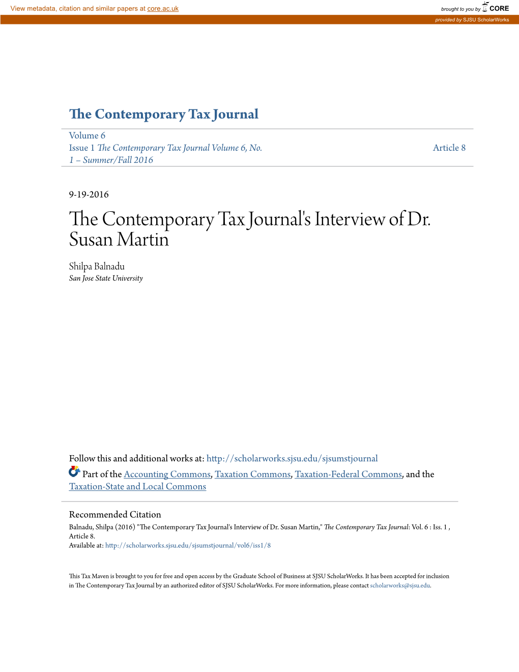 The Contemporary Tax Journal's Interview of Dr. Susan Martin